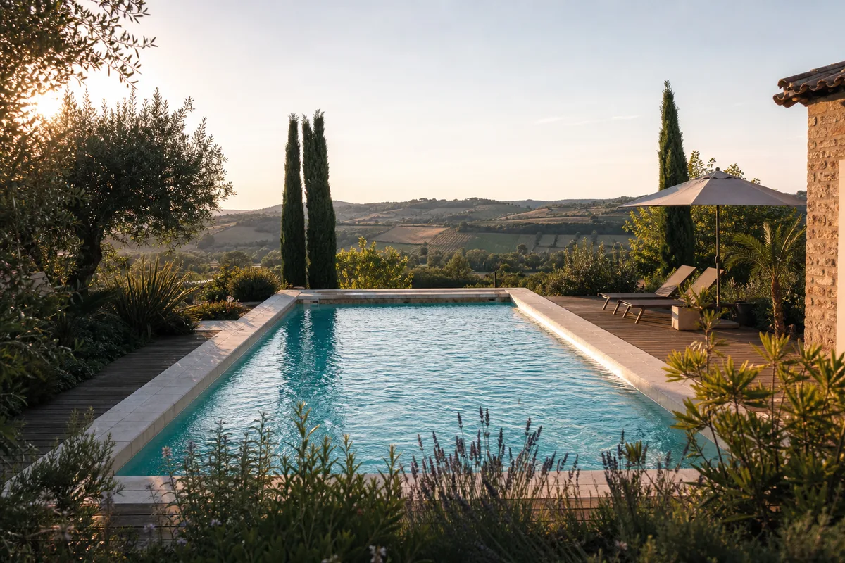 Piscine de jardin paisible dans la plaine du Tarn-et-Garonne au soleil d&rsquo;été
