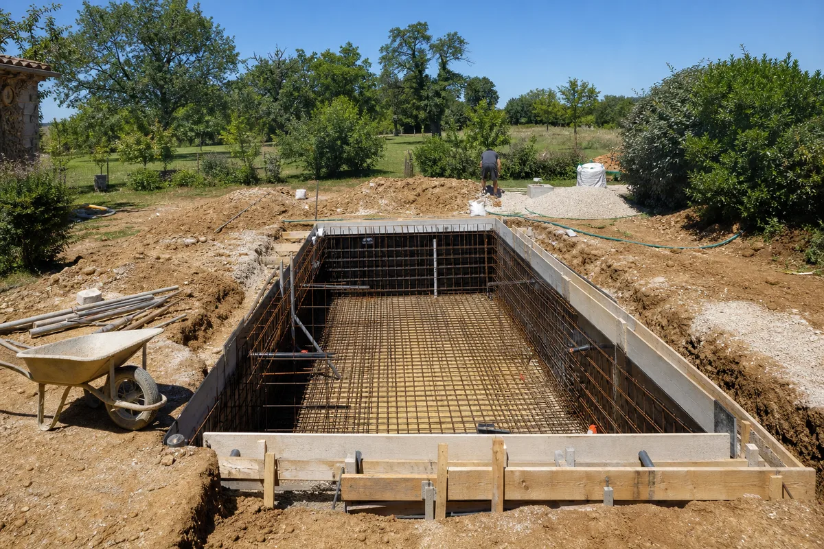 Chantier de construction d&rsquo;une piscine béton dans un jardin du Tarn-et-Garonne