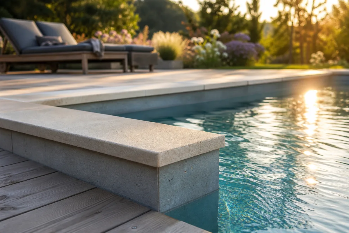 Piscine béton terminée avec margelles et plage bois dans un jardin ensoleillé du Sud-Ouest