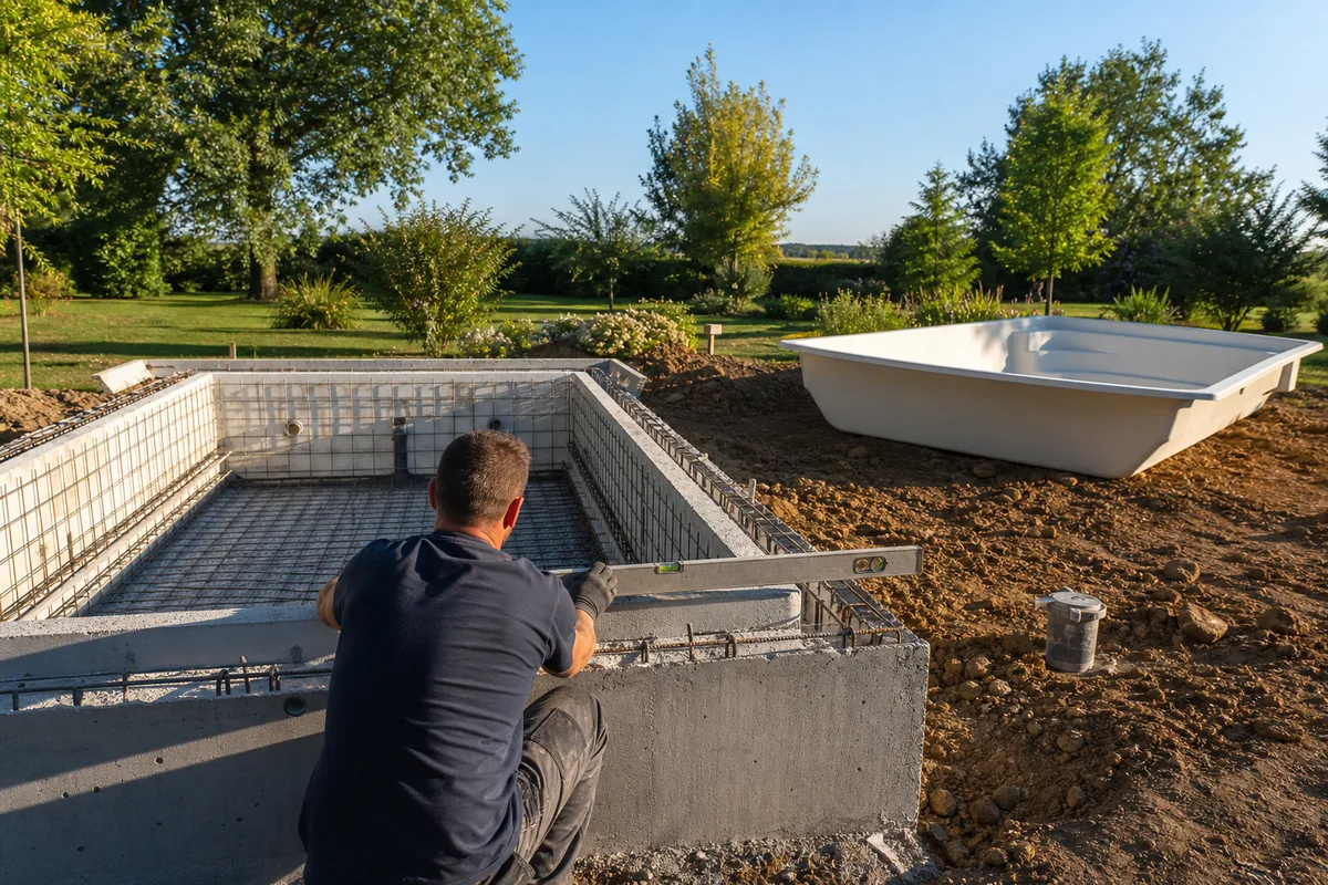 Chantier de construction d’une piscine coque et béton dans un jardin de la plaine du Sud-Ouest