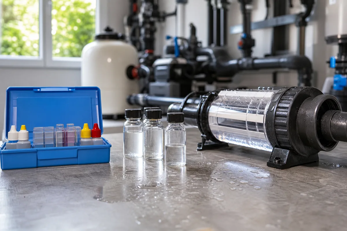 Matériel de traitement de l&rsquo;eau dans un local technique de piscine, testeur et cellule d&rsquo;électrolyse