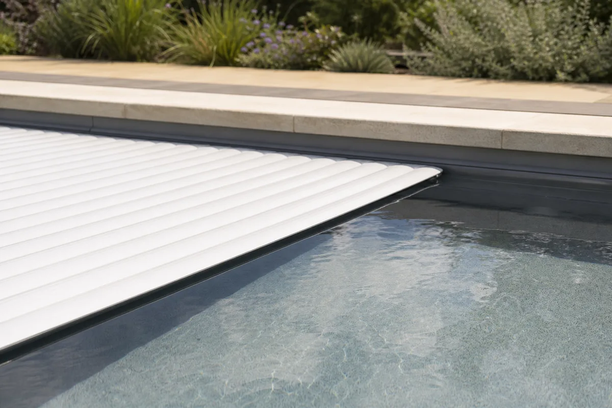 Volet roulant automatique se refermant sur le bassin d’une piscine familiale au liner gris clair