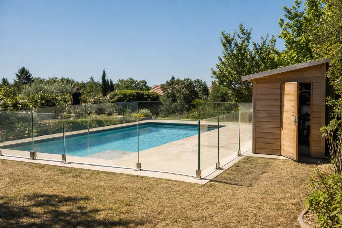 Barrière de sécurité vitrée entourant une piscine avec le local technique attenant, jardin ensoleillé