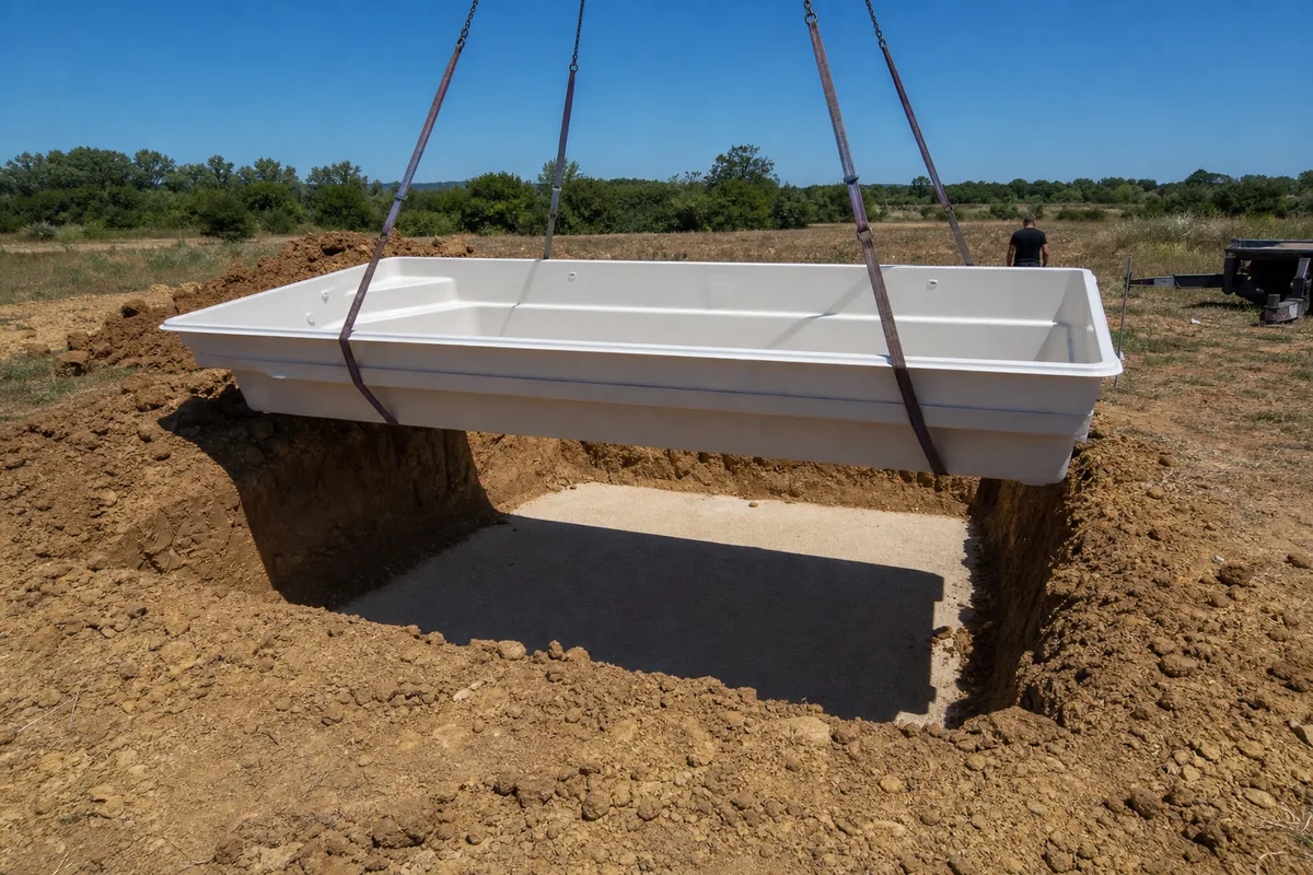 Coque polyester monobloc descendue au grutage au-dessus d&rsquo;une fouille de jardin