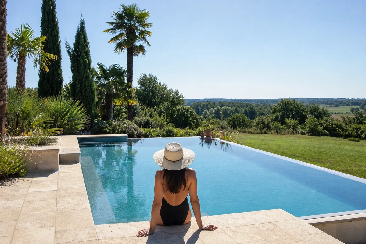 Piscine familiale dans un jardin du Tarn-et-Garonne sous la lumière dorée de l’été