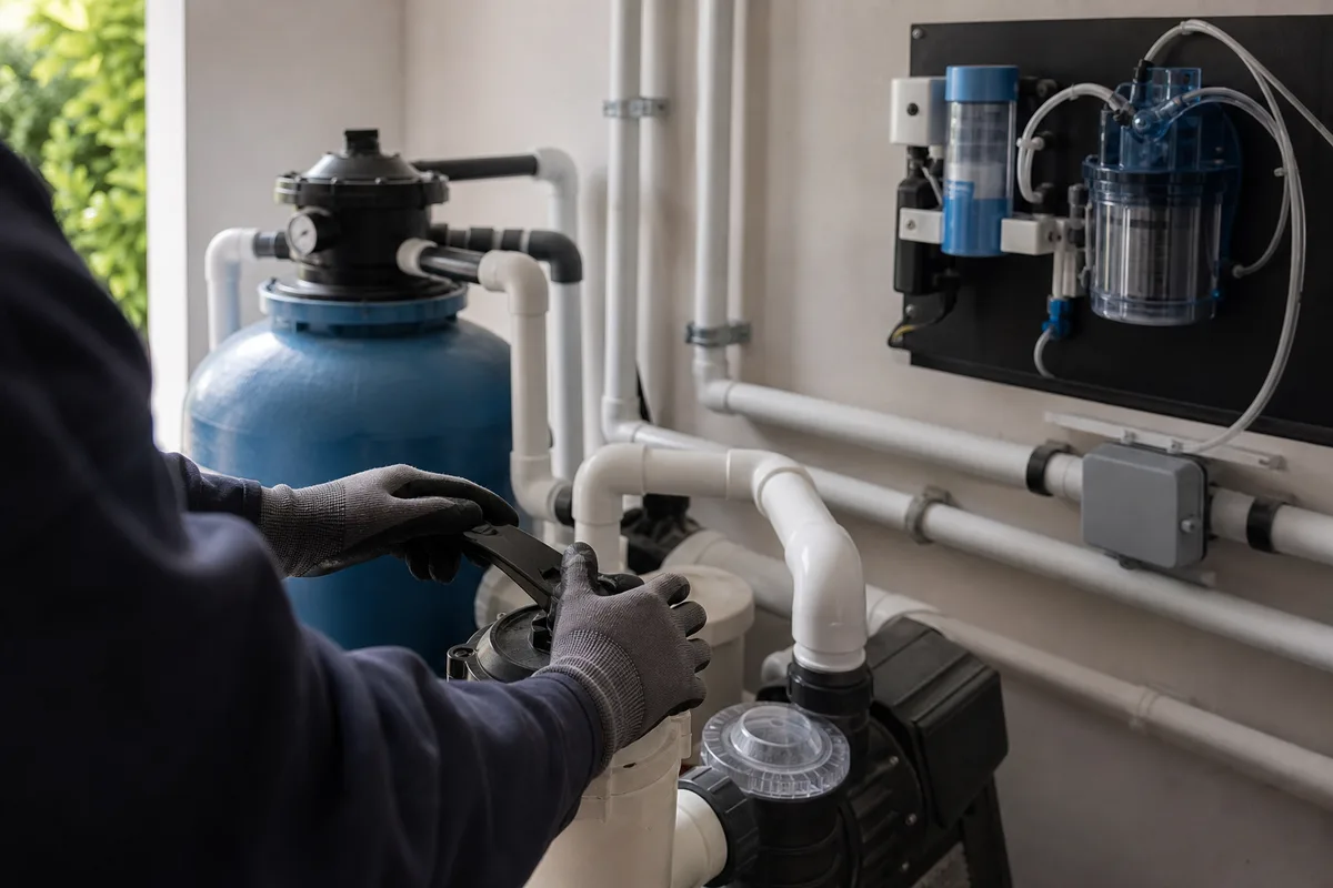 Local technique de piscine avec pompe de filtration et système de traitement de l’eau dans un atelier lumineux