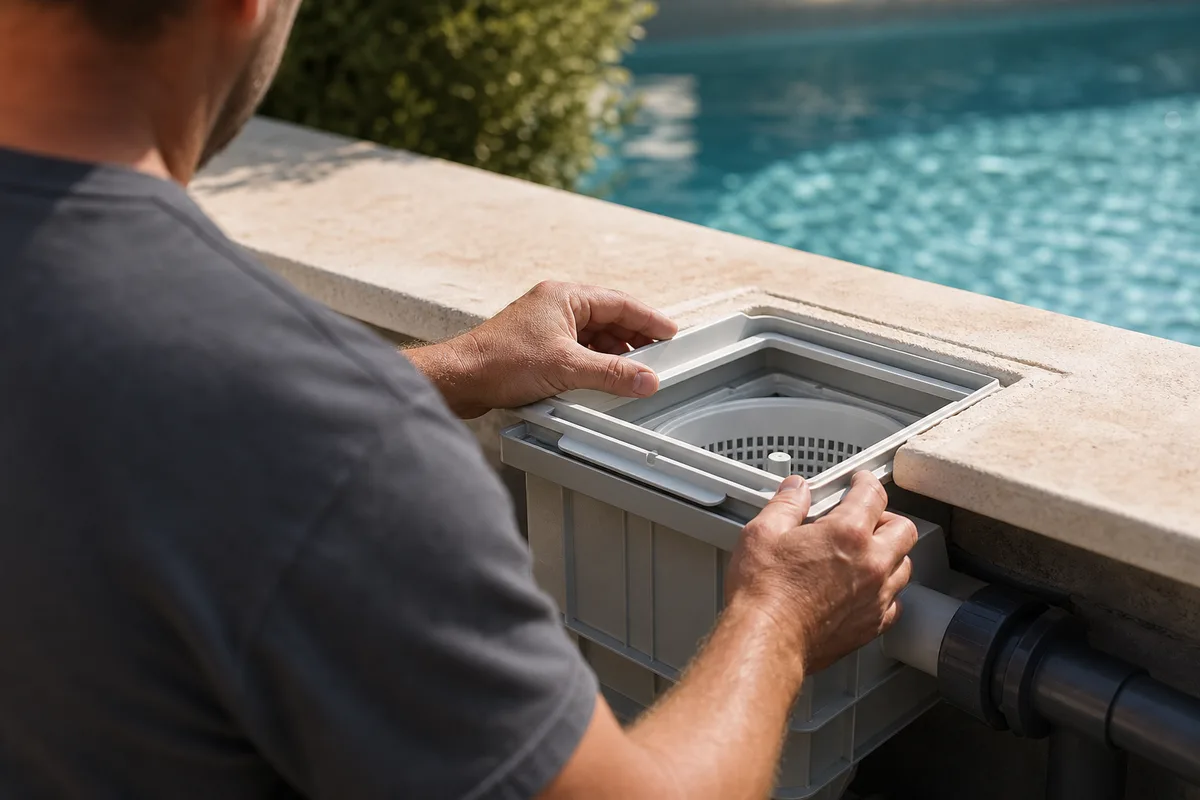 Artisan pisciniste travaillant au bord d&rsquo;un bassin dans un jardin ensoleillé