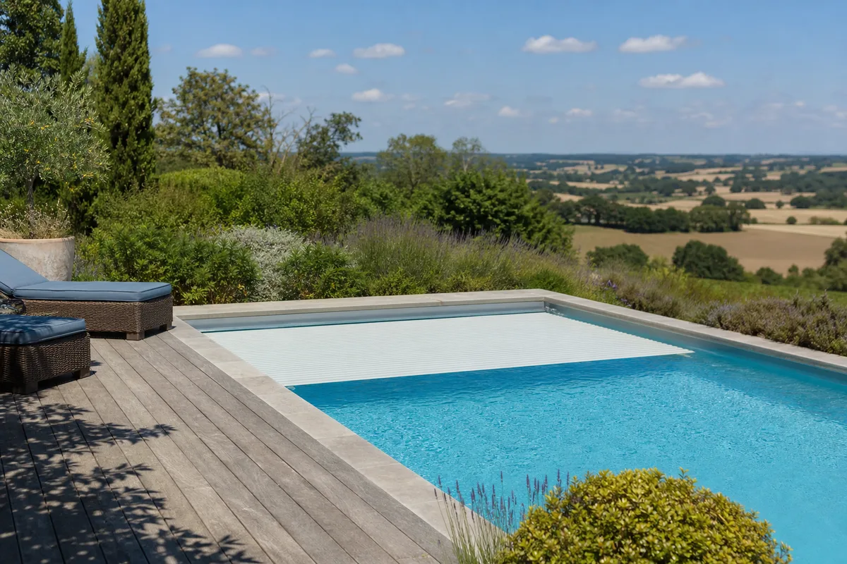 Piscine de jardin avec margelles claires dans un paysage de la vallée du Tarn
