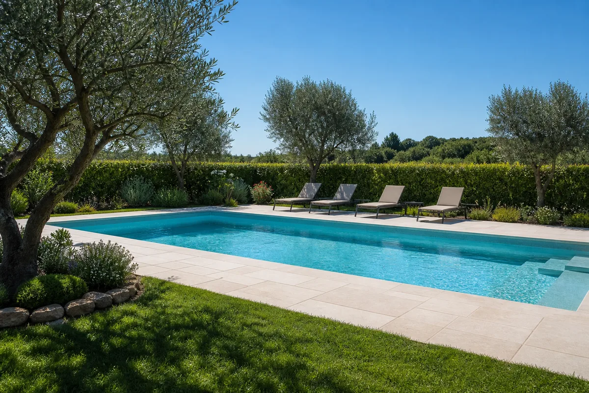 Piscine enterrée sécurisée dans un jardin ensoleillé du Sud-Ouest